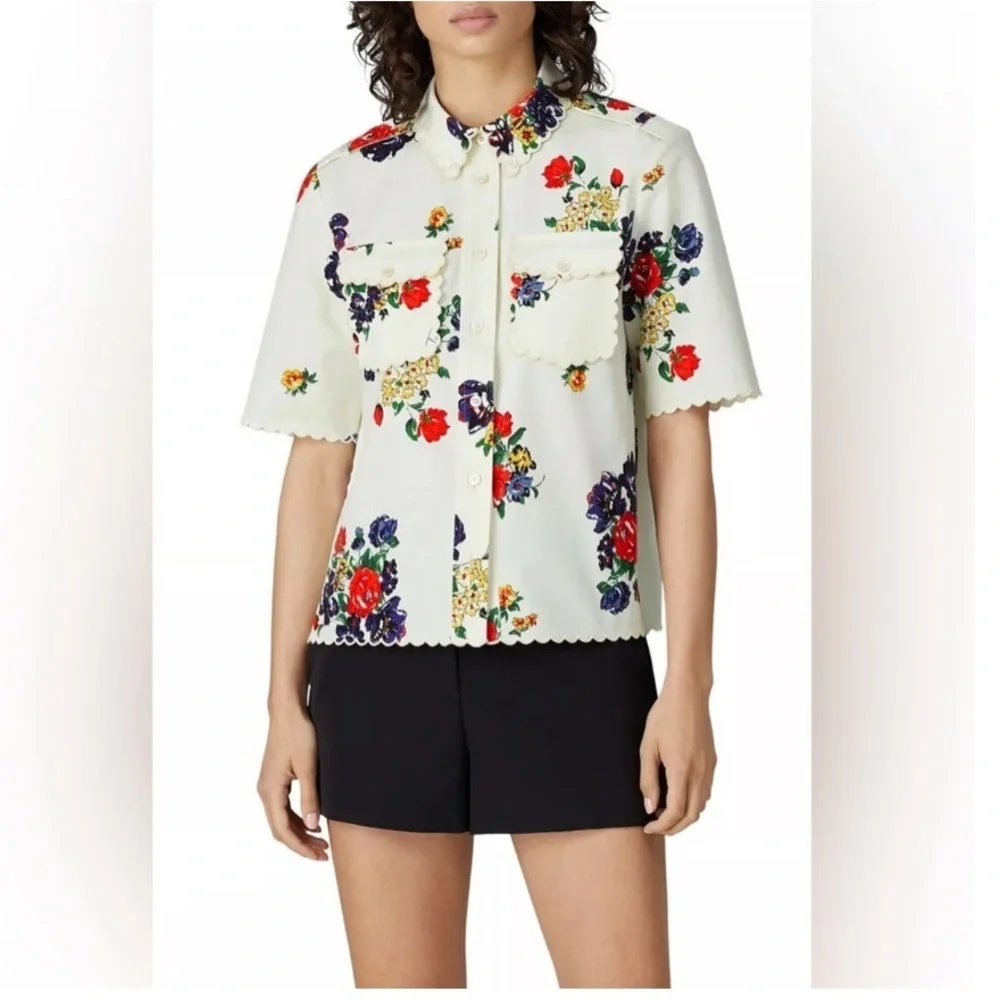 Tory Burch Blouse Twill Safari Top Button Down in Ivory Tea Rose